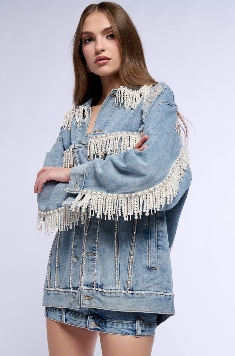 SHOW STOPPER PEARL EMBELLISHED DENIM JACKET view 0
