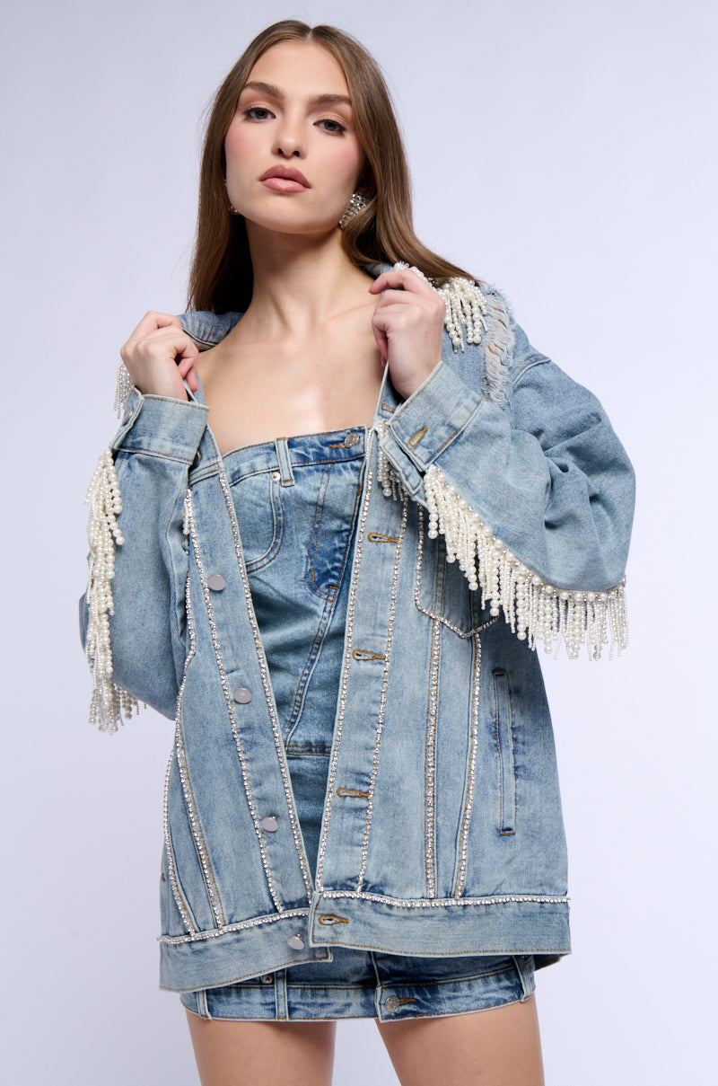 Side View Show Stopper Pearl Embellished Denim Jacket