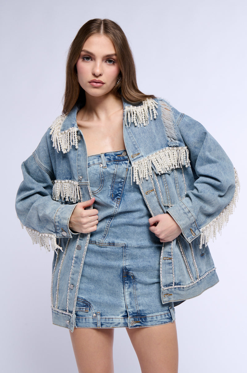 Back View Show Stopper Pearl Embellished Denim Jacket