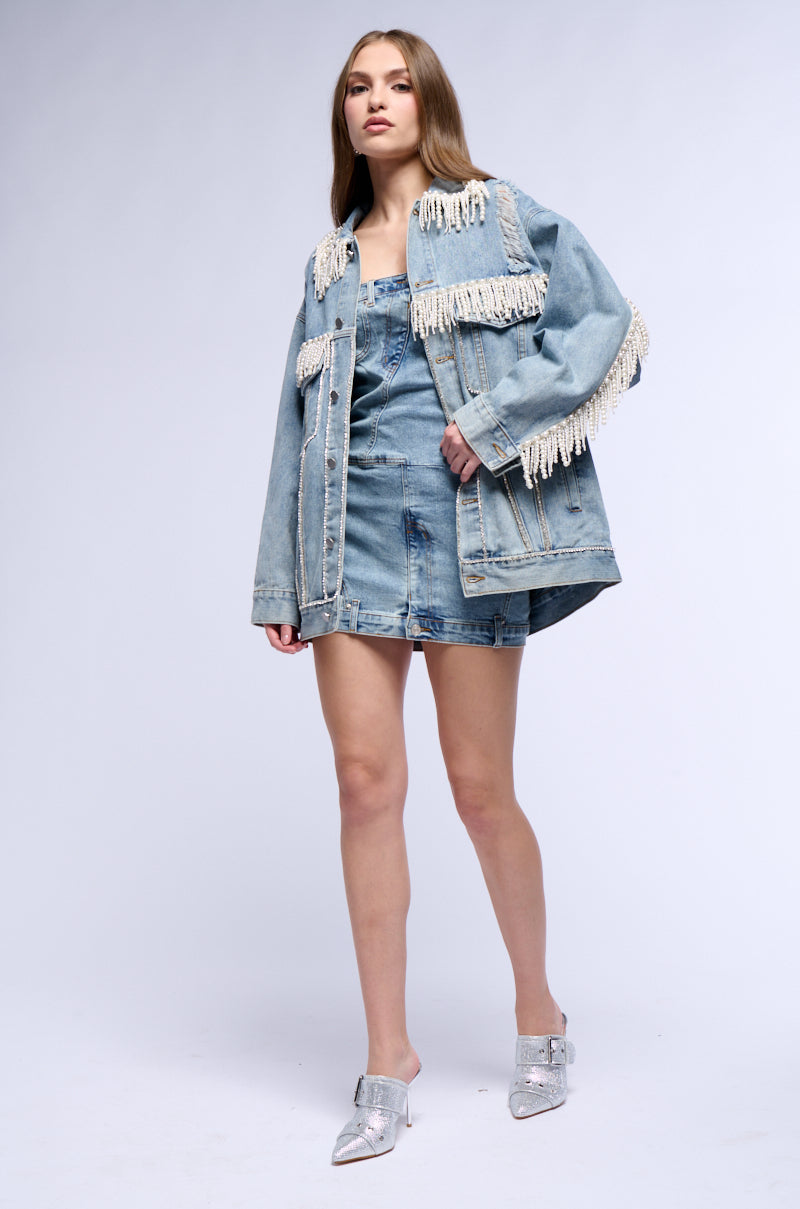 Extra View Show Stopper Pearl Embellished Denim Jacket