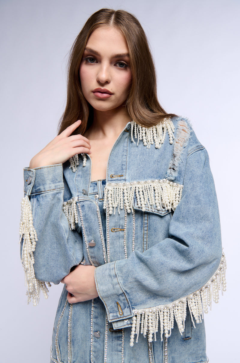Extra View Show Stopper Pearl Embellished Denim Jacket