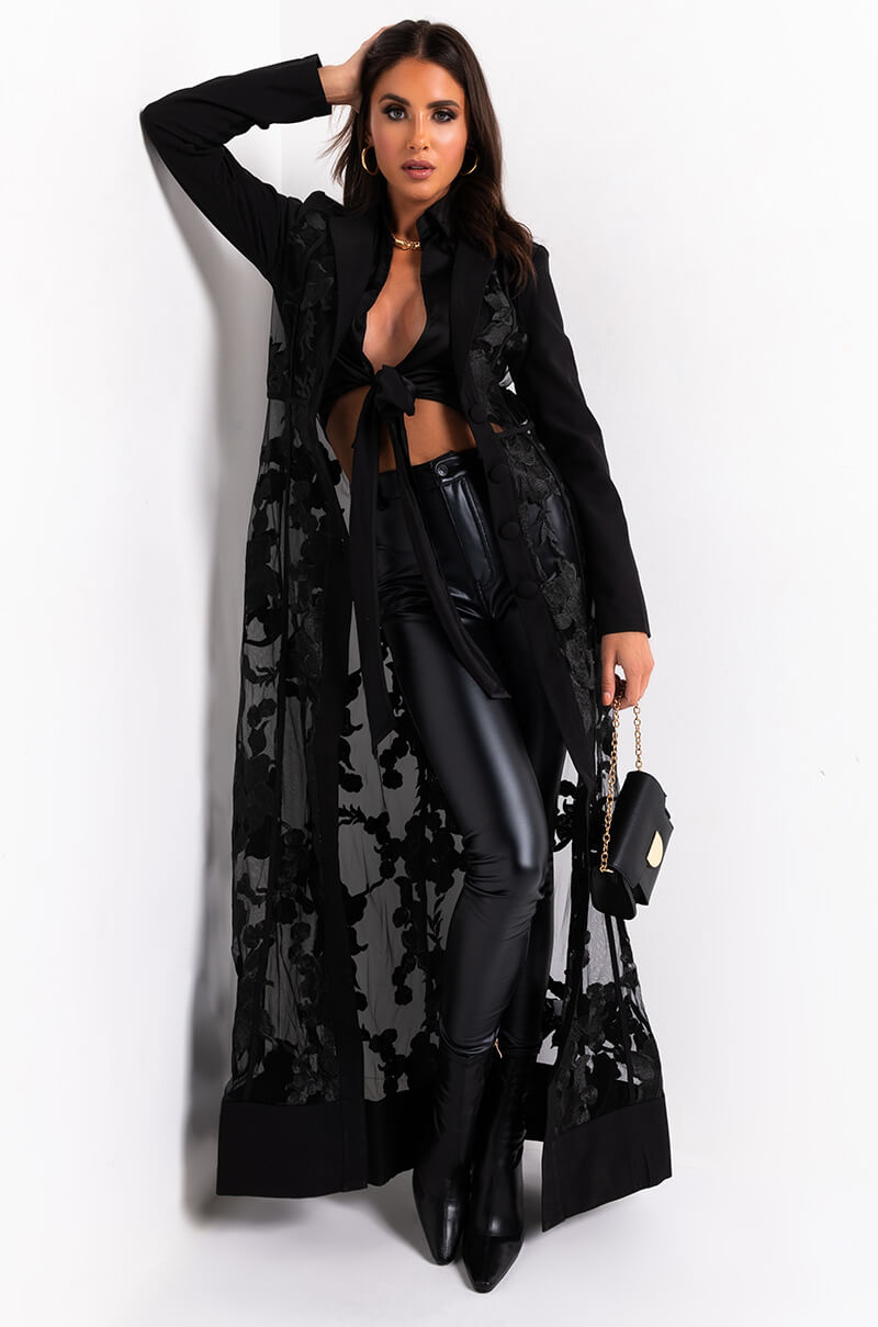 Side View Showout Long Sleeve Lace Maxi Dress in Black