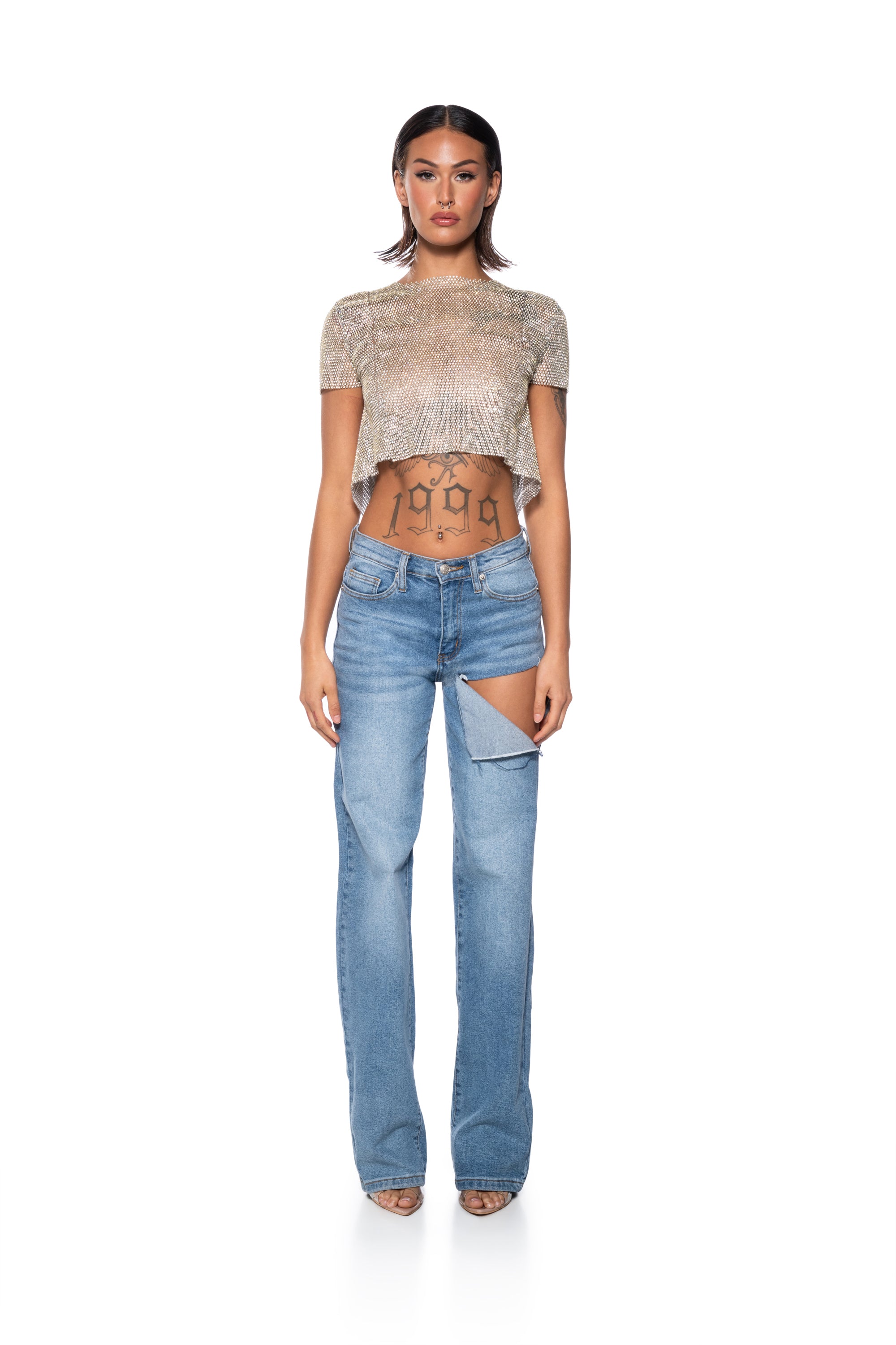 Extra View Silent Moves Open Back Rhinestone Top In Gold