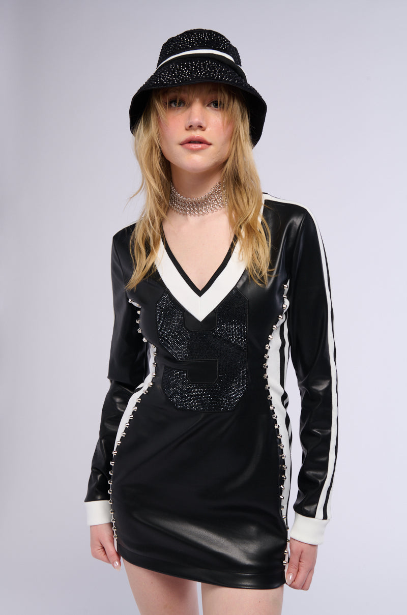 SITTING COURTSIDE STRIPED PU JERSEY LONG SLEEVE MINI DRESS AKIRA SITTING COURTSIDE STRIPED PU JERSEY LONG SLEEVE MINI DRESS AKIRA