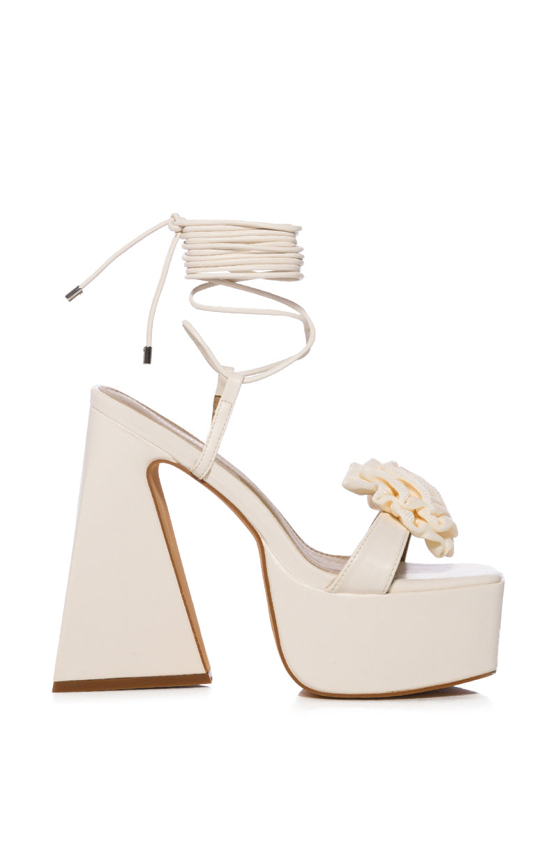 Back View Something Sweet Chunky Platform Lace Up Sandal With Flower Detail In Cream