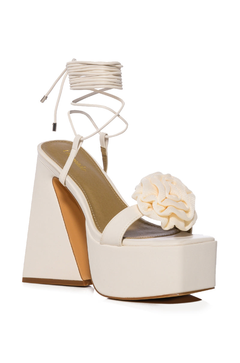 Detail View Something Sweet Chunky Platform Lace Up Sandal With Flower Detail In Cream