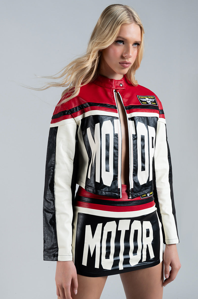 Extra View Speed Up Motor Faux Leather Colorblock Moto Jacket