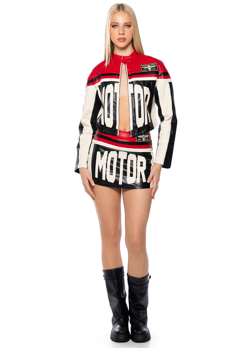 Back View Speed Up Motor Faux Leather Colorblock Moto Jacket