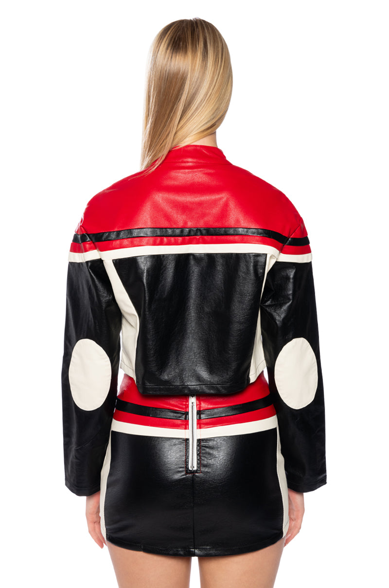 Extra View Speed Up Motor Faux Leather Colorblock Moto Jacket