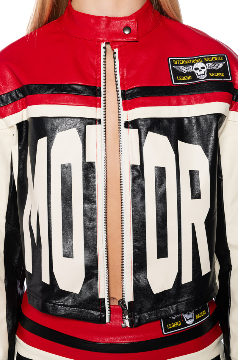 Extra View Speed Up Motor Faux Leather Colorblock Moto Jacket