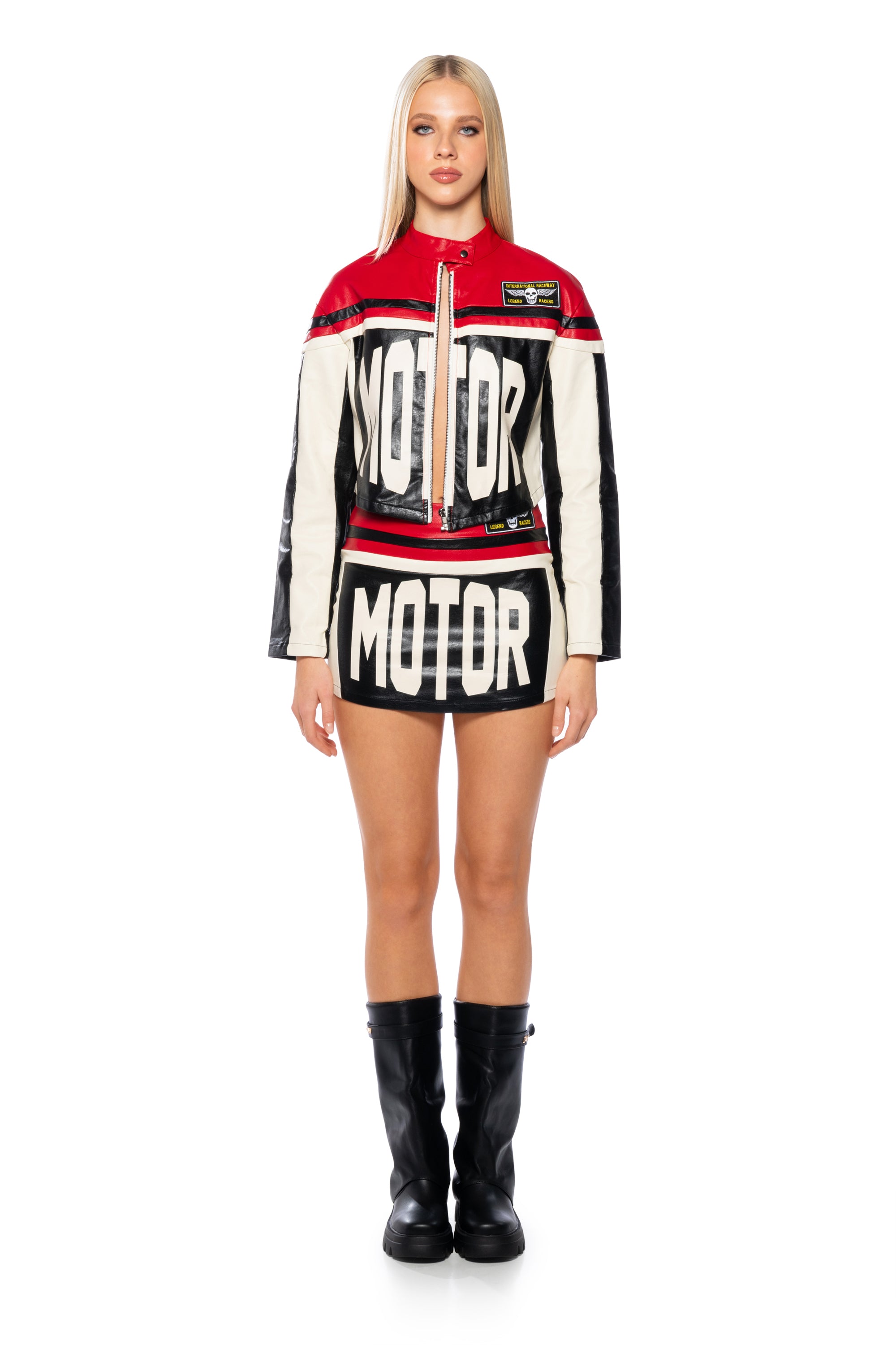 Extra View Speed Up Motor Faux Leather Colorblock Moto Jacket