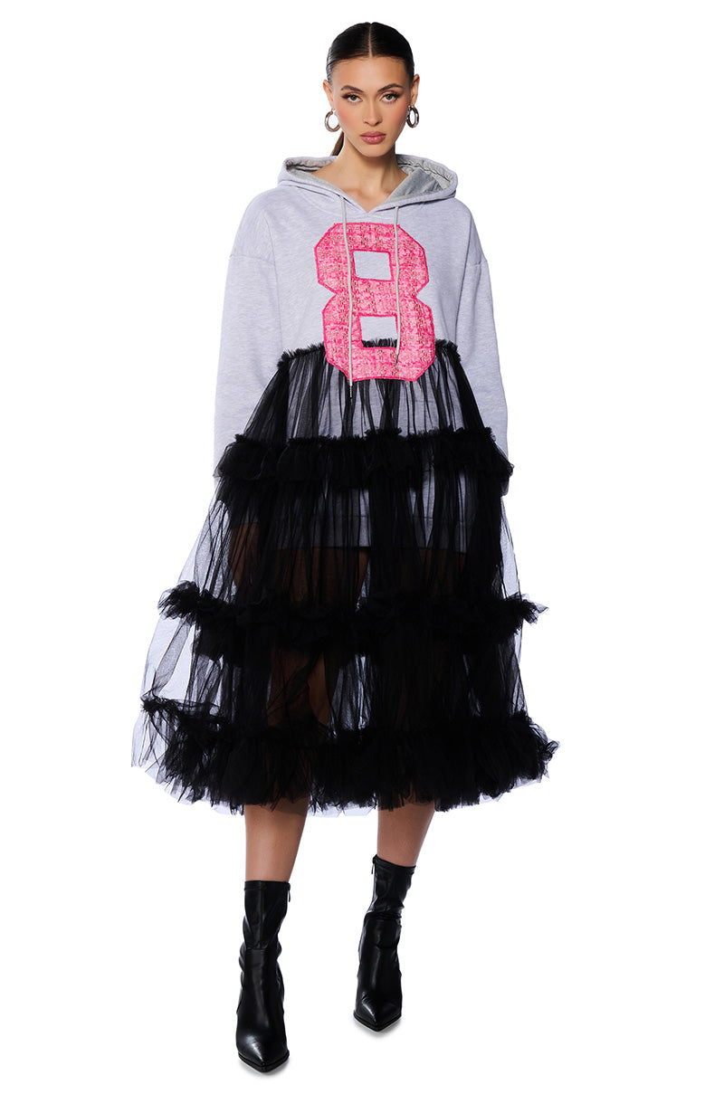 SPORTY CHIC TULLE HOODIE DRESS AKIRA SPORTY CHIC TULLE HOODIE DRESS AKIRA