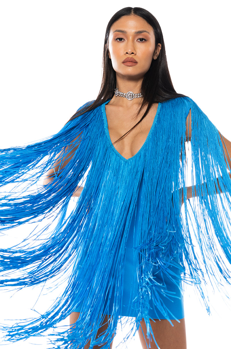 STEVIE DEEP V BANDAGE WITH FRINGE MINI DRESS AKIRA STEVIE DEEP V BANDAGE WITH FRINGE MINI DRESS AKIRA