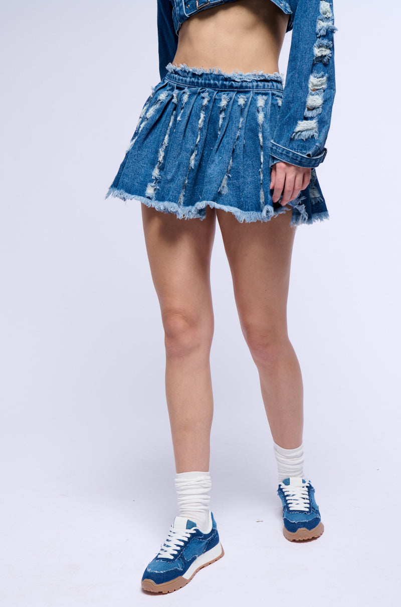 STRESSED OUT CUT OUT PLEATED DENIM MINI SKIRT view 0