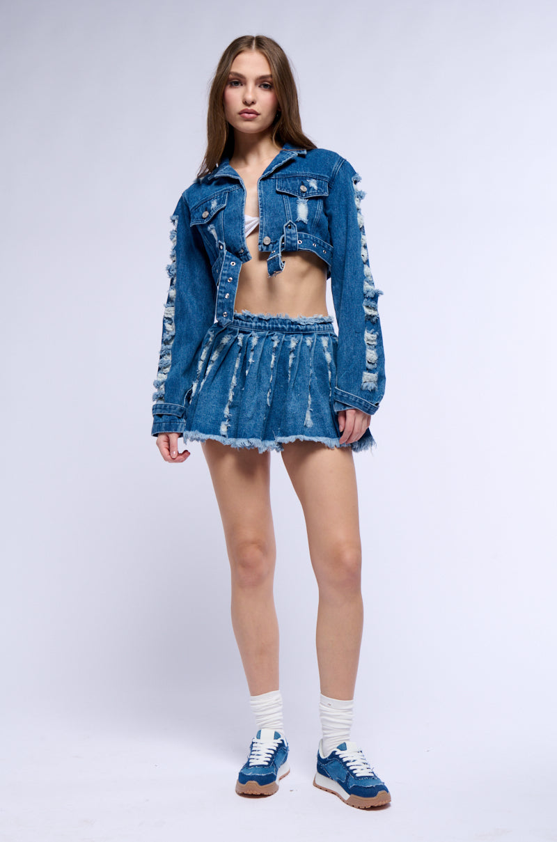 Extra View Stressed Out Cut Out Pleated Denim Mini Skirt