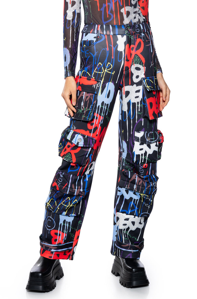 TAG ME GRAFFITI EMBELLISHED SCUBA CARGO PANTS view 0