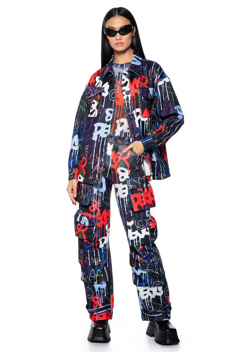 Side View Tag Me Graffiti Embellished Scuba Cargo Pants