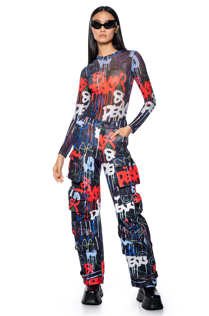 Back View Tag Me Graffiti Embellished Scuba Cargo Pants