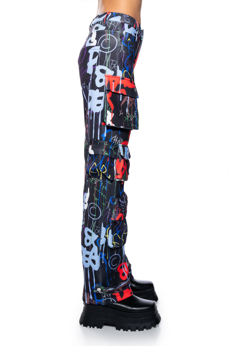 Full View Tag Me Graffiti Embellished Scuba Cargo Pants