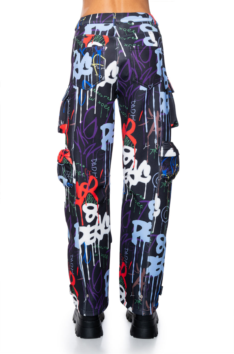 Extra View Tag Me Graffiti Embellished Scuba Cargo Pants