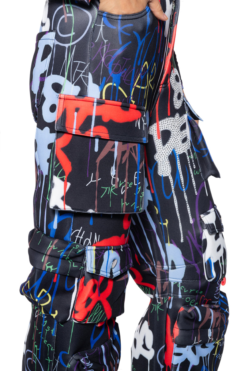 Extra View Tag Me Graffiti Embellished Scuba Cargo Pants