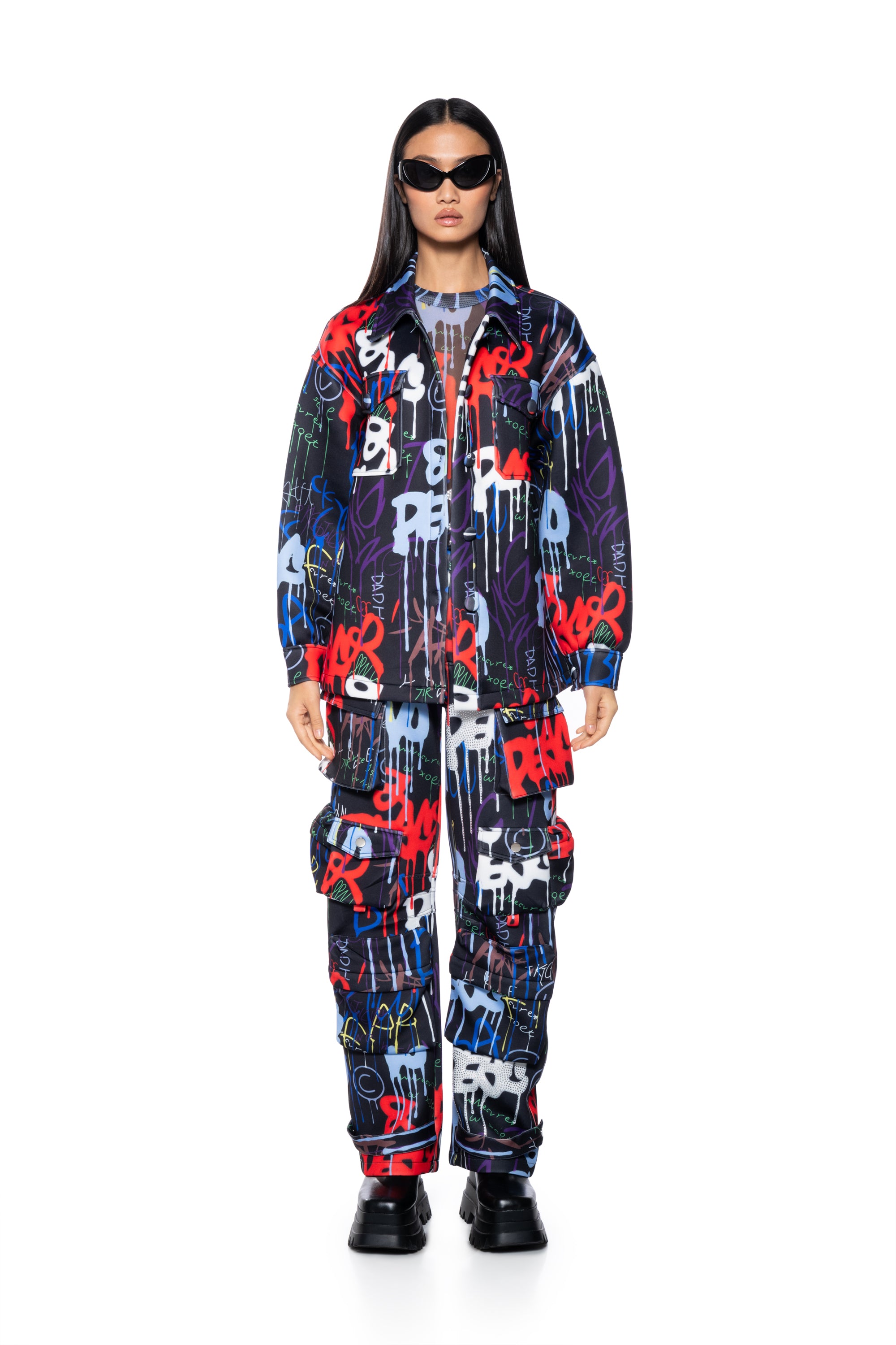 Extra View Tag Me Graffiti Embellished Scuba Cargo Pants