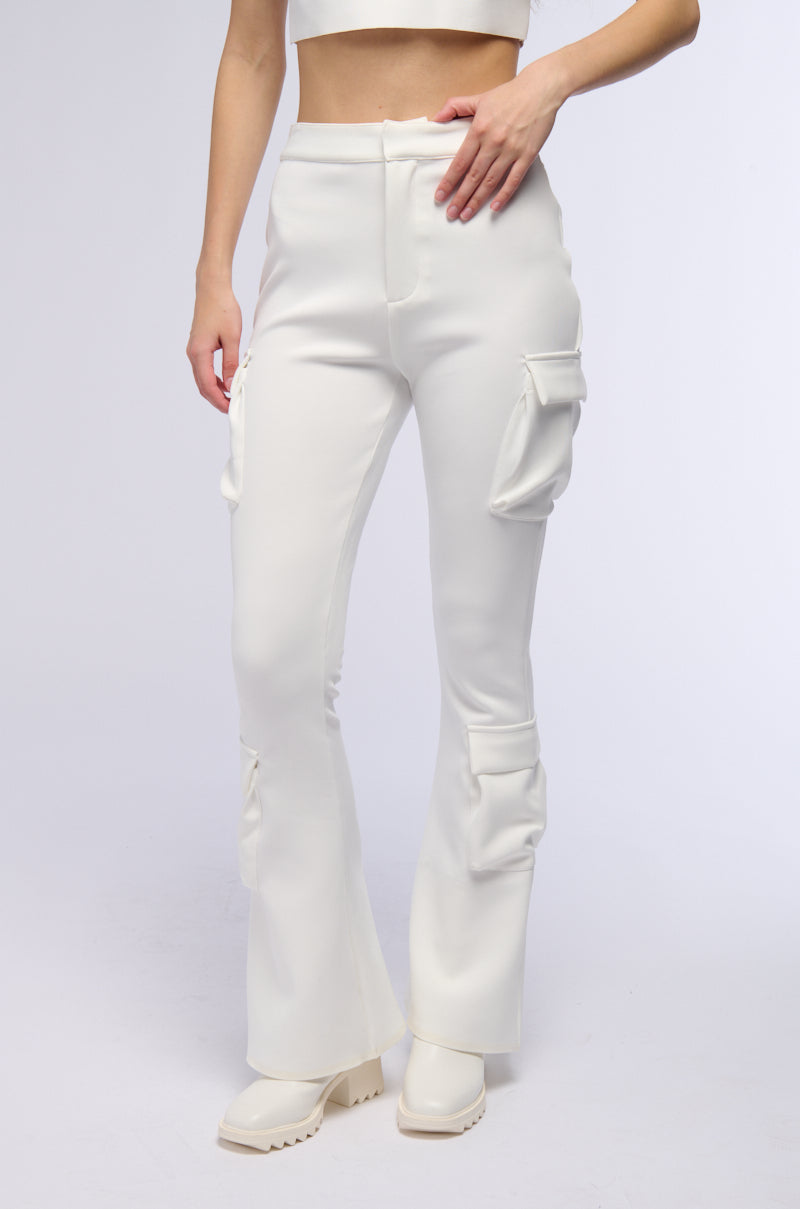 Front View Talon Pocket Detail Flare Trouser
