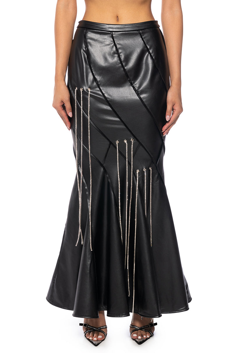 Front View Tess Embellished Faux Leather Maxi Skirt