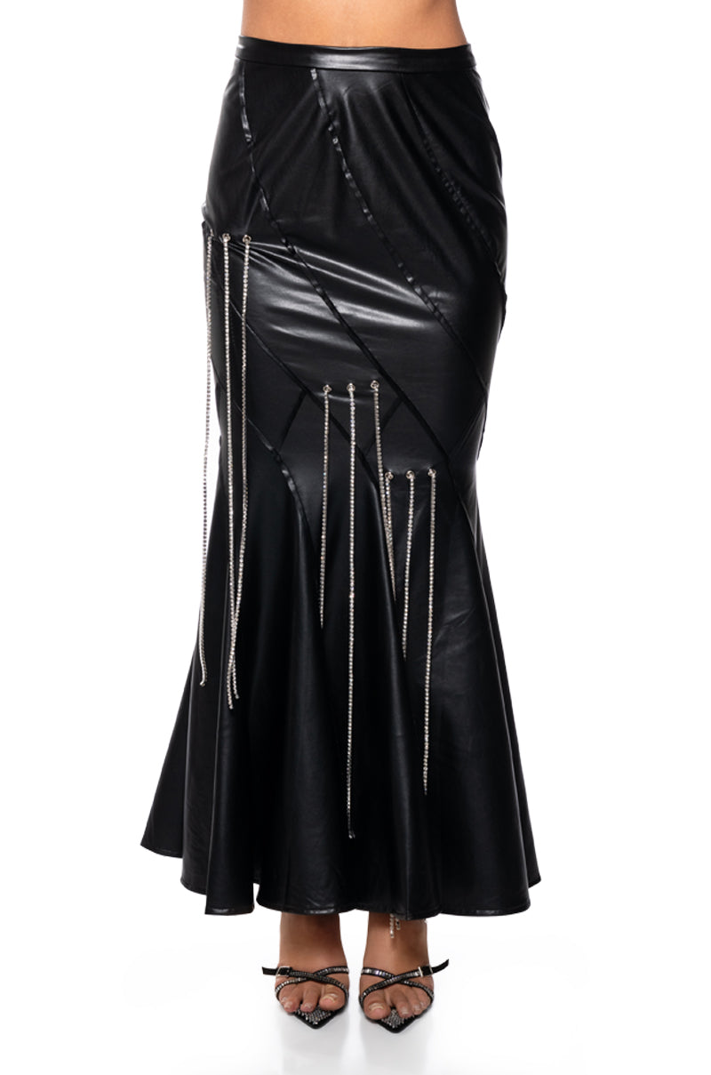 Back View Tess Embellished Faux Leather Maxi Skirt