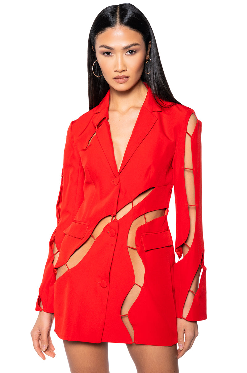 red cut out blazer dress Red Wool Asymmetric Blazer Dress - Cut-out Shoulder, Handmade