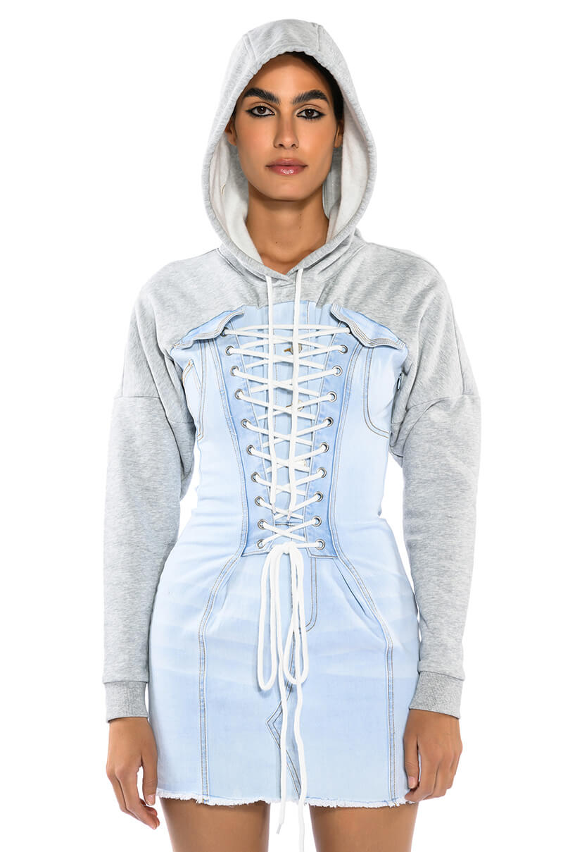 GINA LACE UP DENIM HOODED MINI DRESS AKIRA GINA LACE UP DENIM HOODED MINI DRESS AKIRA