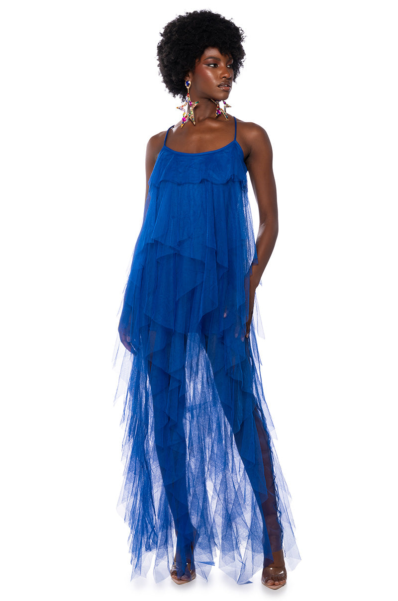 TOP TIER RUFFLE MAXI DRESS ROYAL BLUE AKIRA TOP TIER RUFFLE MAXI DRESS ROYAL BLUE AKIRA