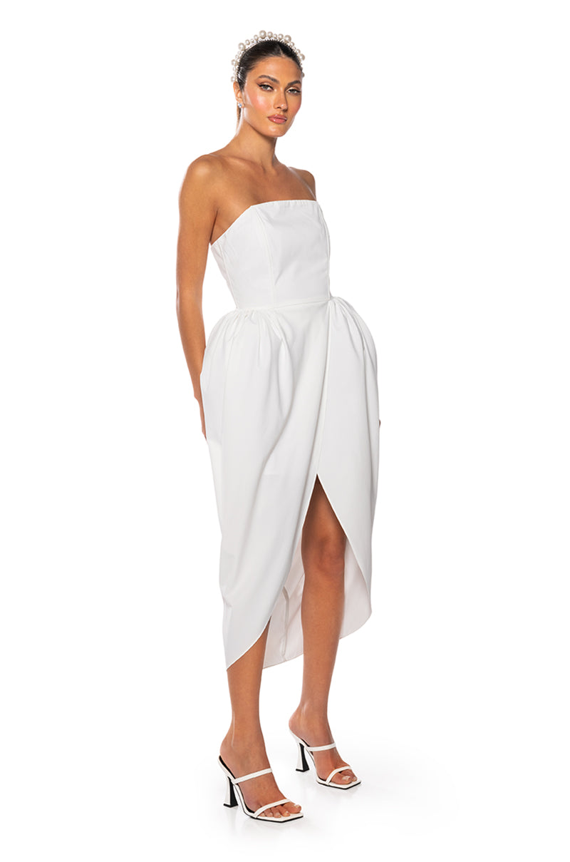 Side View Tulip Skirt Strapless Midi Dress