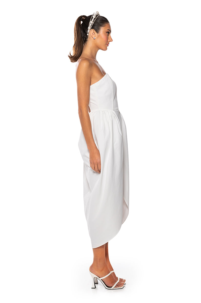 Back View Tulip Skirt Strapless Midi Dress