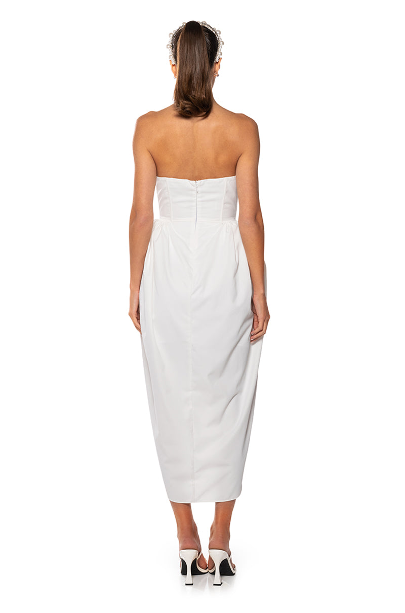 Detail View Tulip Skirt Strapless Midi Dress