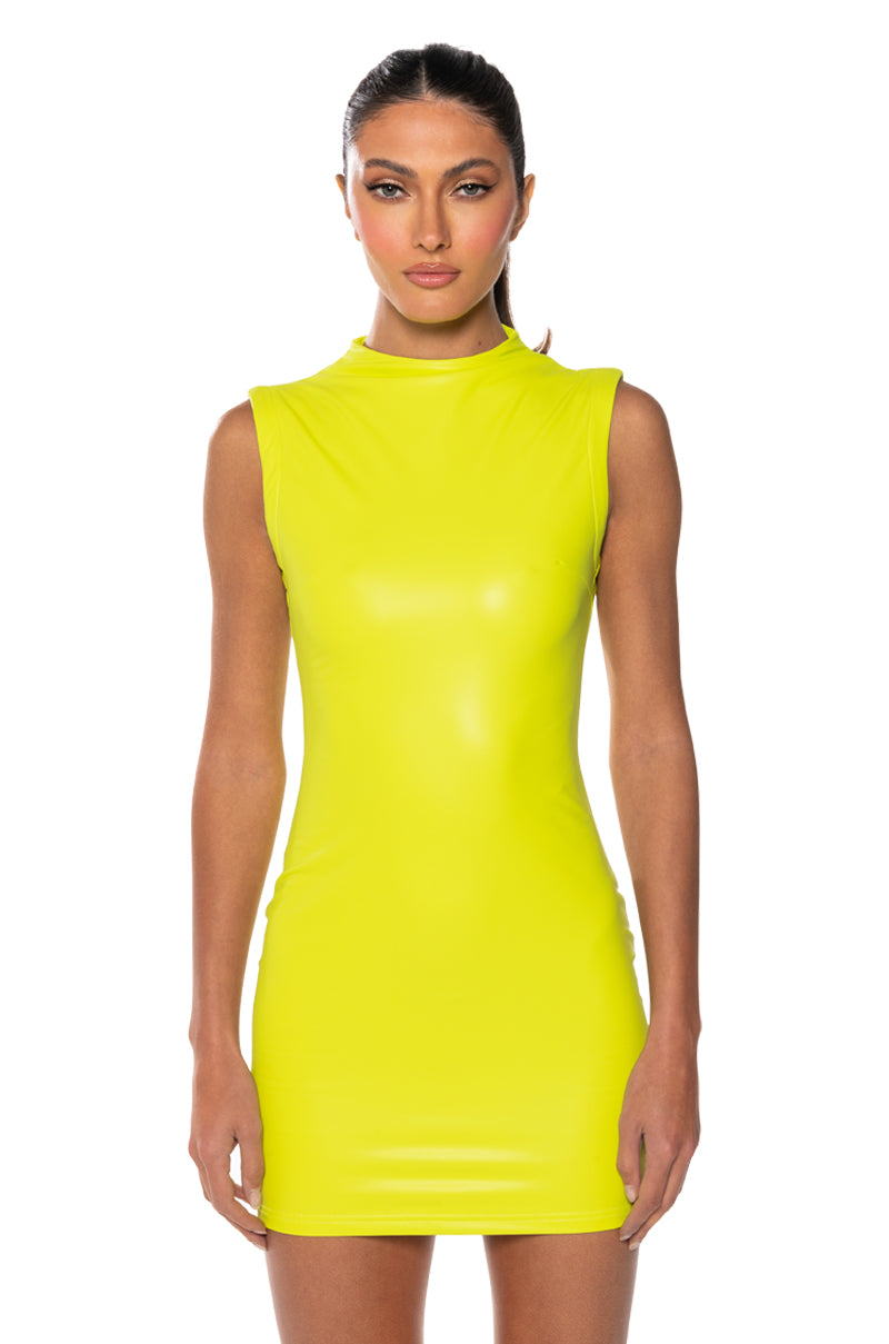 ULTRA LUX FAUX LEATHER MOCK NECK MINI DRESS IN LIME GREEN AKIRA ULTRA LUX FAUX LEATHER MOCK NECK MINI DRESS IN LIME GREEN AKIRA