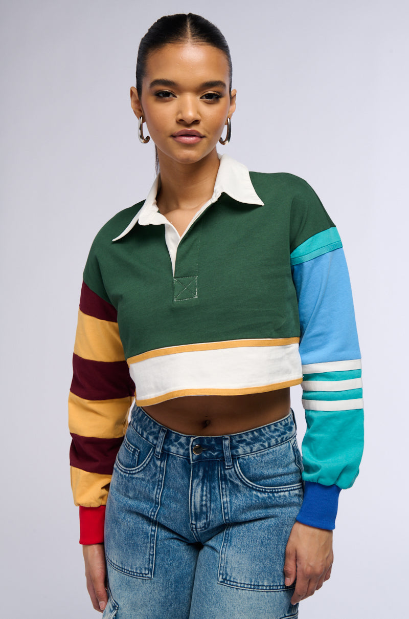 Side View Varsity Letter Long Sleeve Cropped Polo Shirt