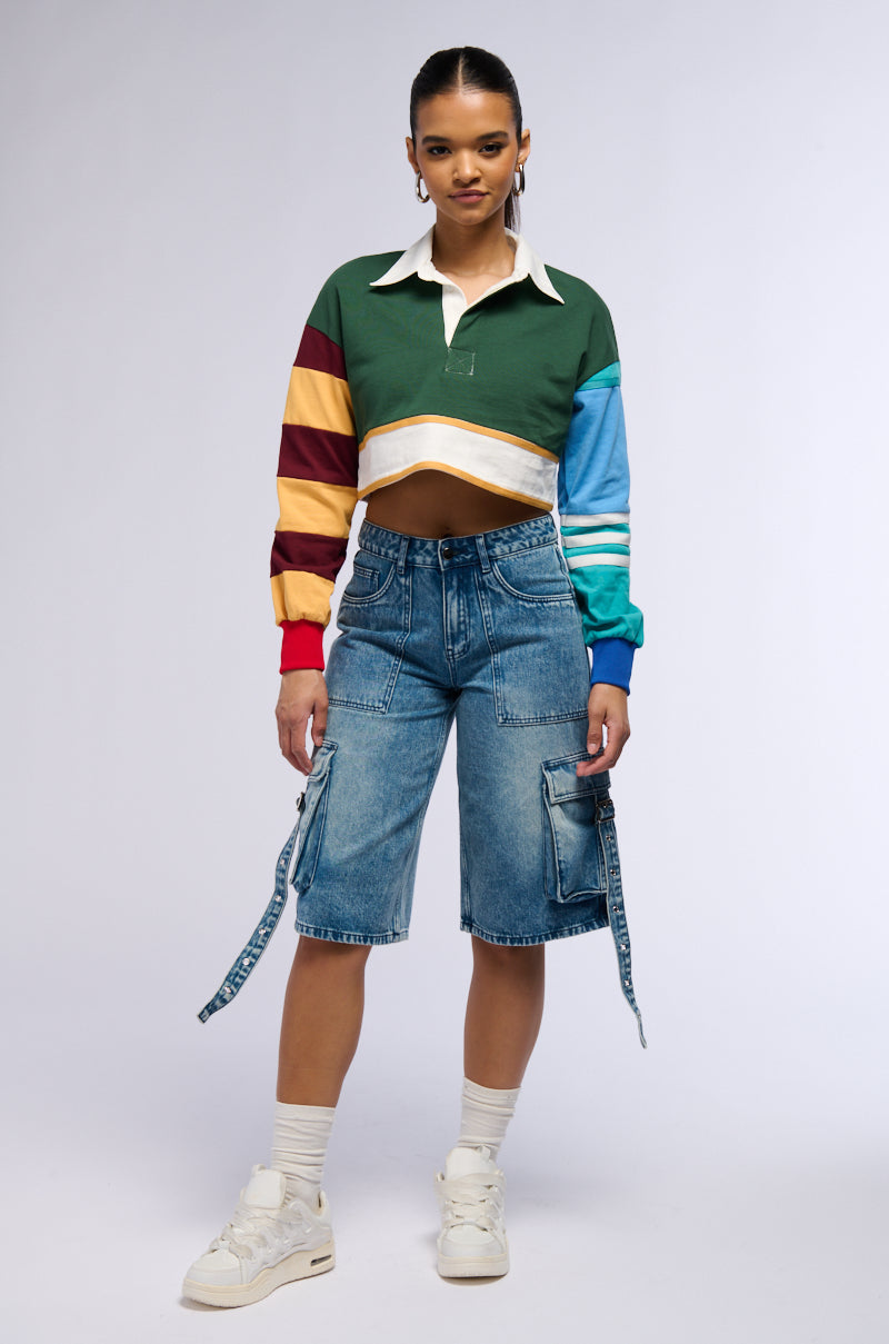 Full View Varsity Letter Long Sleeve Cropped Polo Shirt