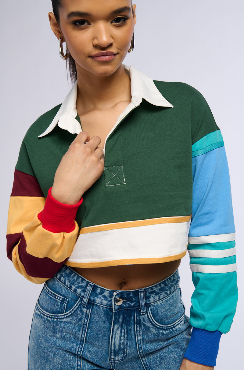 Extra View Varsity Letter Long Sleeve Cropped Polo Shirt