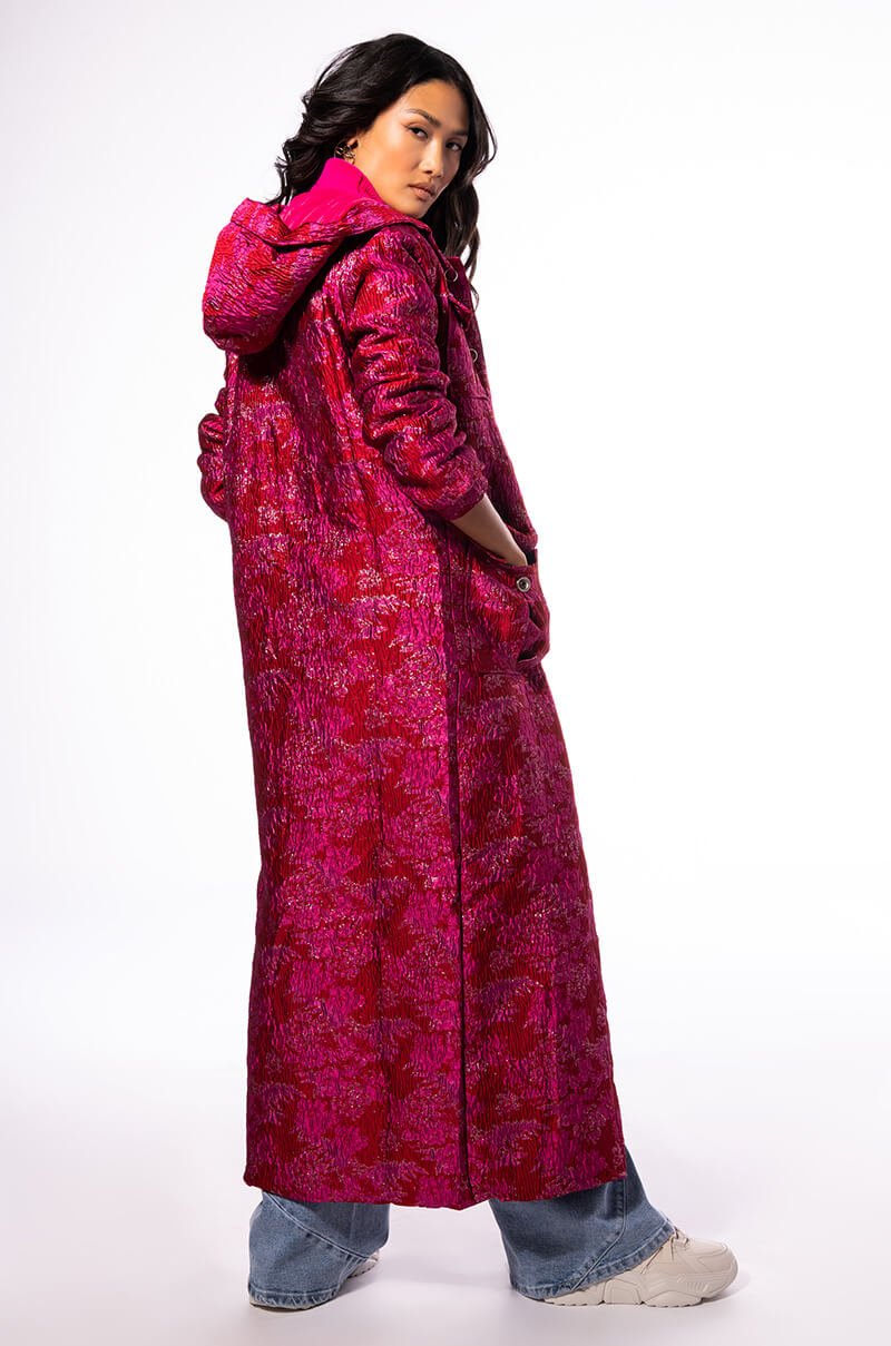 Back View Warm It Up Jacquard Trench With Quilted Lining