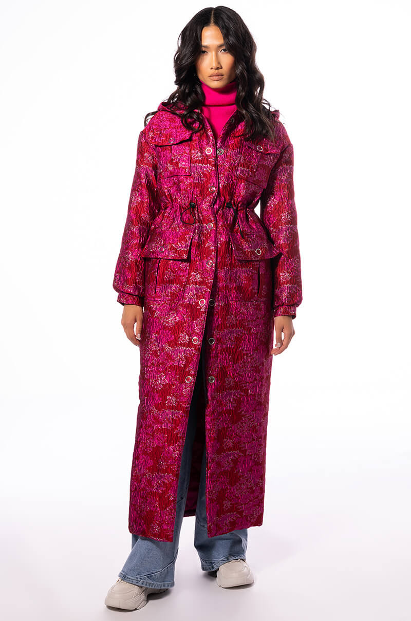 Detail View Warm It Up Jacquard Trench With Quilted Lining