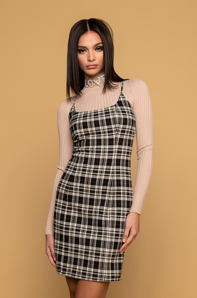 WHAT'S POPPIN PLAID MINI DRESS AKIRA WHAT'S POPPIN PLAID MINI DRESS AKIRA