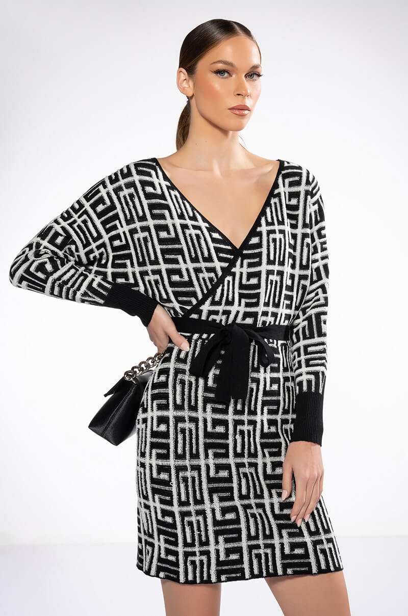 WRAP FRONT GEOMETRIC KNIT MINI DRESS WRAP FRONT GEOMETRIC KNIT MINI DRESS