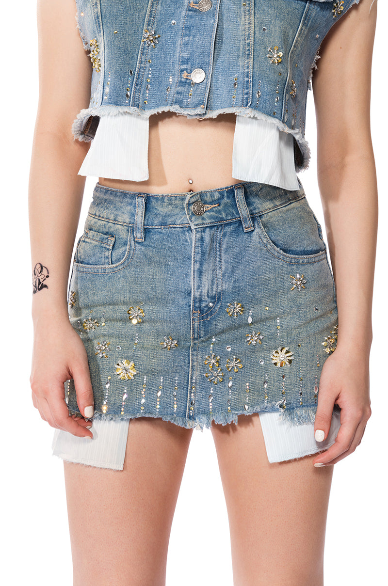 Side View Y2k Rhinestone Mini Denim Skirt