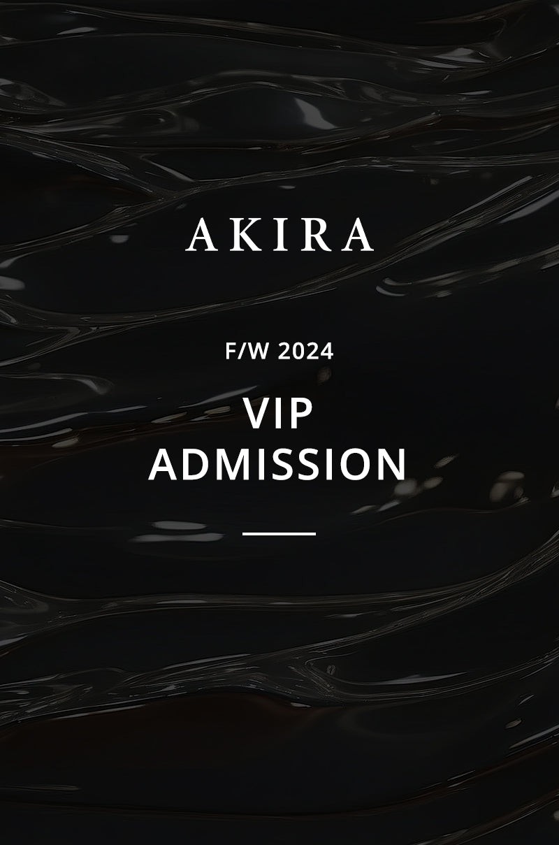 Invitation card featuring a dark abstract background. Text reads, "AKIRA F/W 2024 VIP Admission." Enjoy premium assigned seating and an exclusive gift bag at the Fashion Show 2024 VIP showcase.