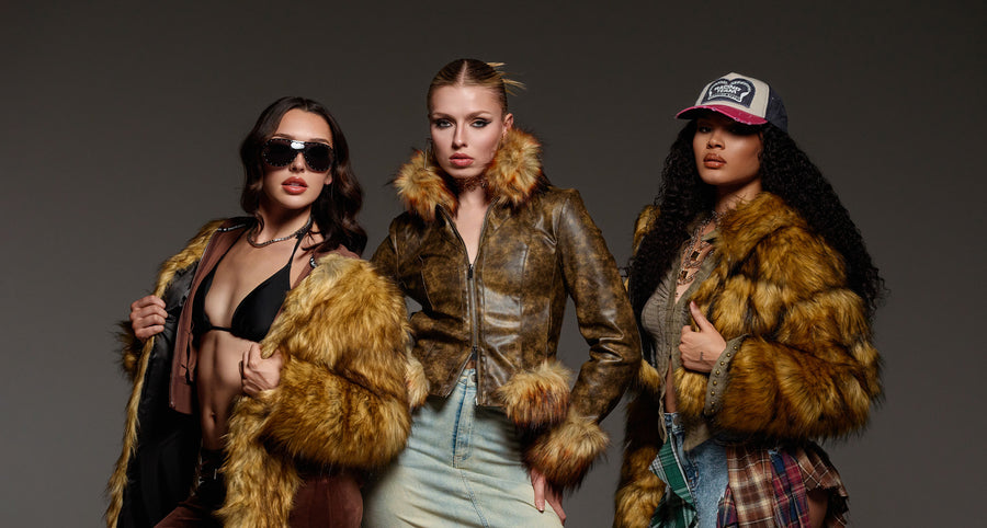 3 girls wearing brown multi colored faux fur jackets