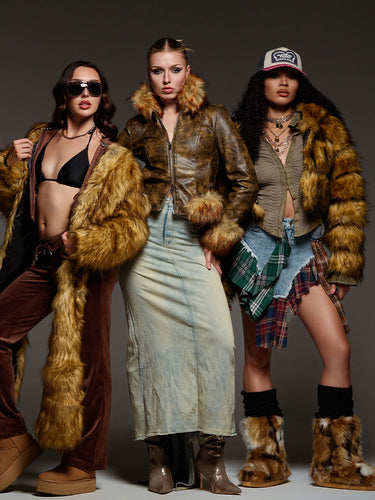 3 girls wearing brown multi colored faux fur jackets