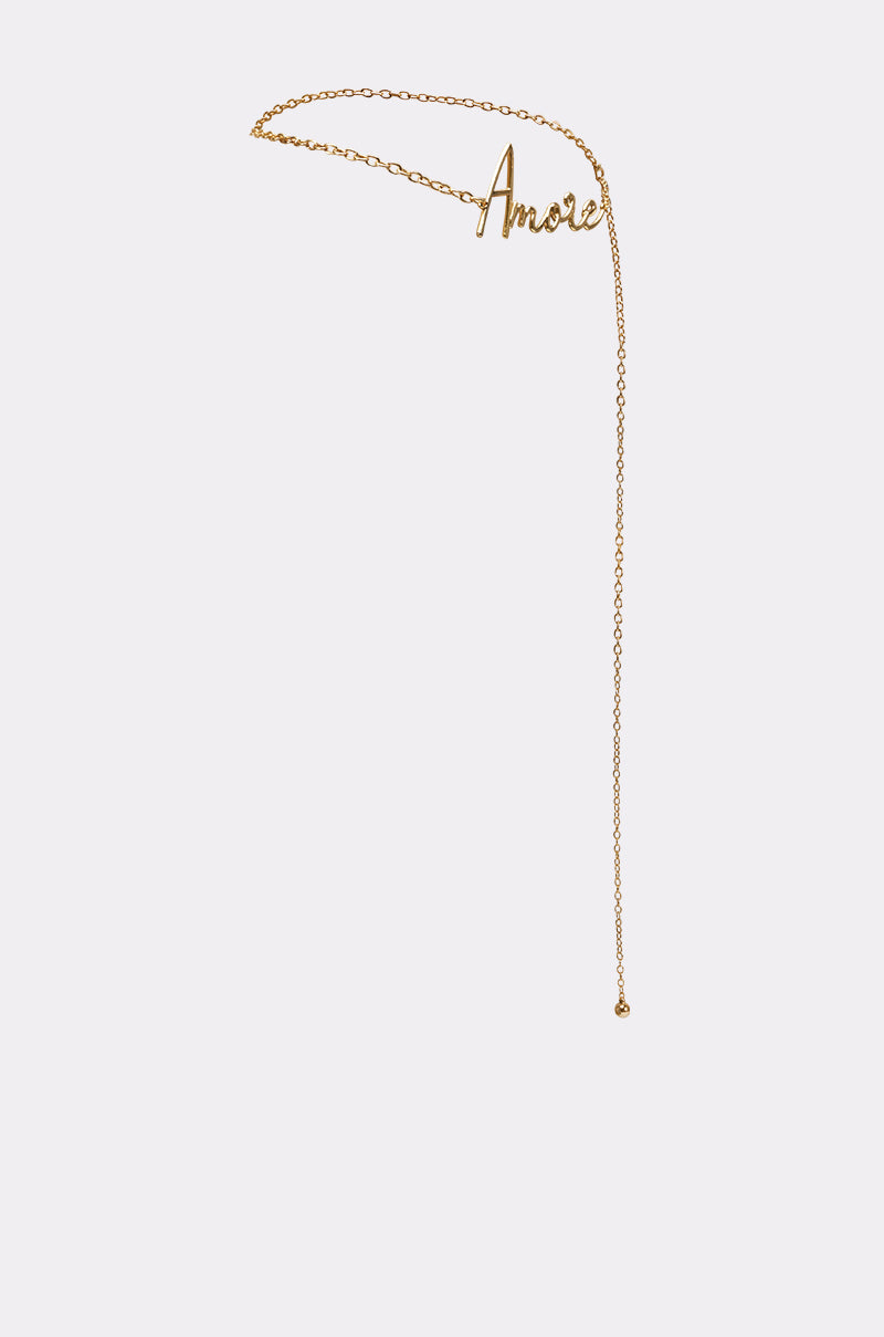 The AMORE CHAIN BELT features a delicate gold design with a script "Amore" pendant and an extended, thin chain that echoes the elegance of a necklace, displayed against a simple light background. 2