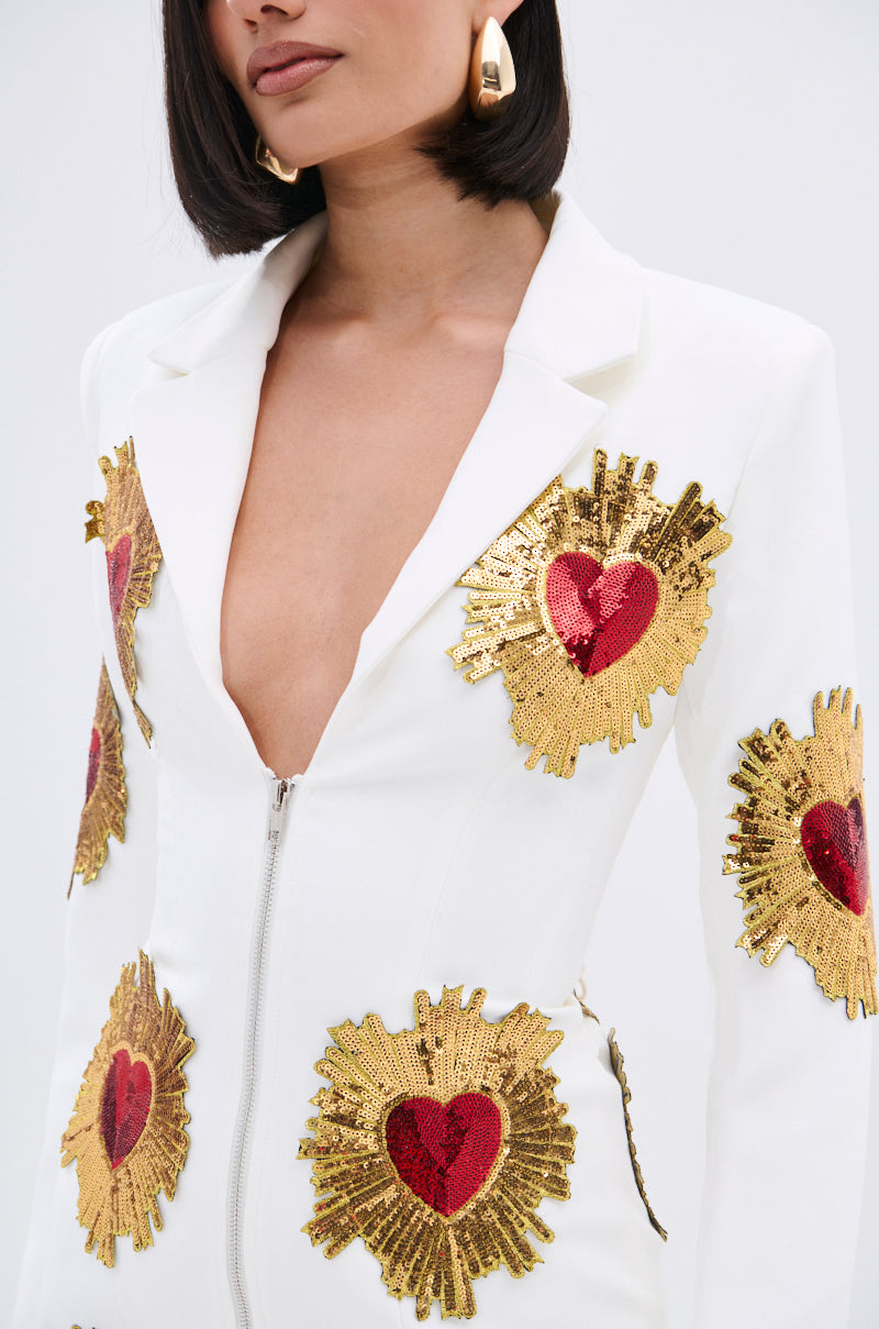 GLISTENING IN GOLD BLAZER DRESS IN WHITE AKIRA GLISTENING IN GOLD BLAZER DRESS IN WHITE AKIRA
