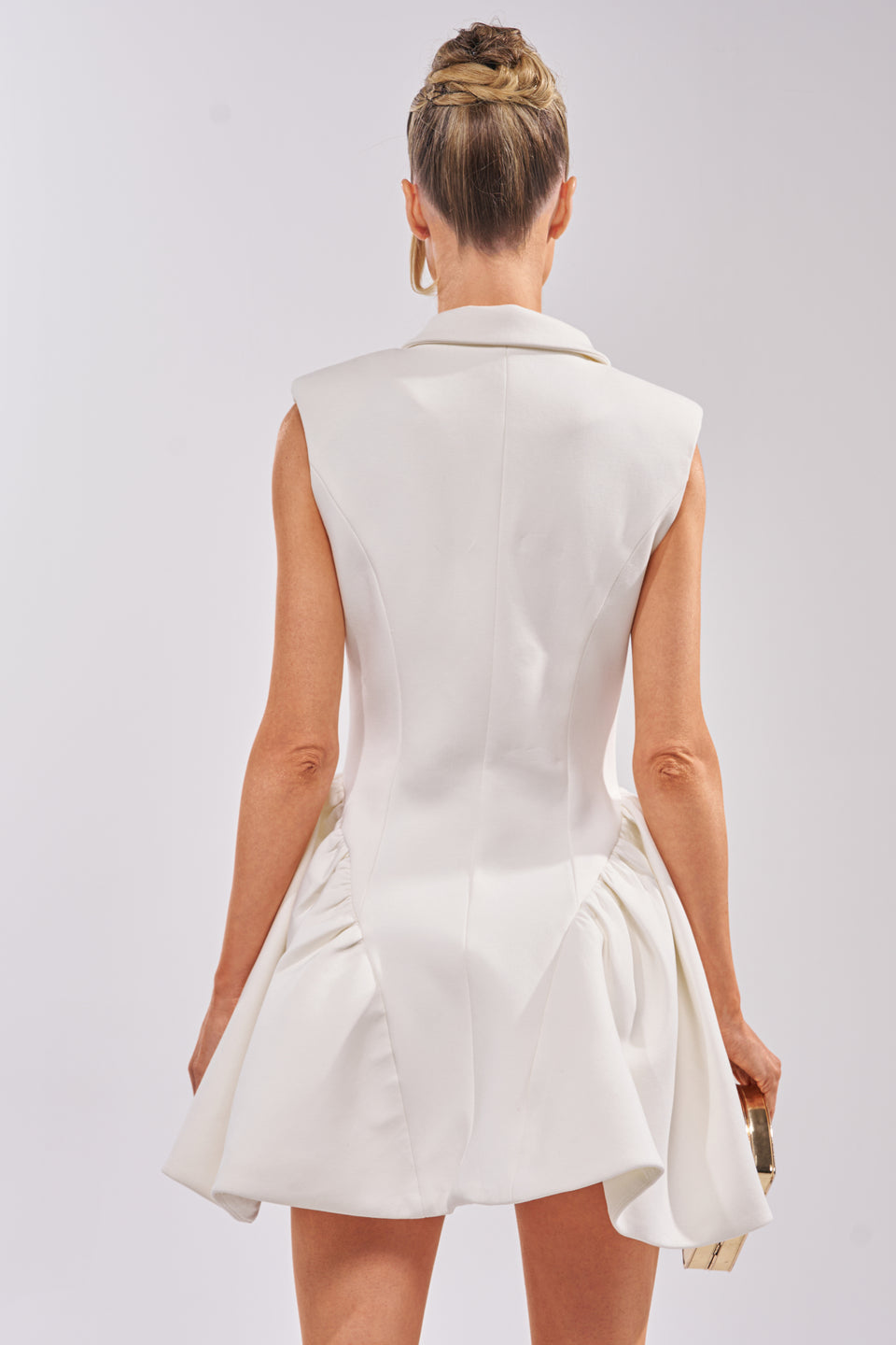 white sleeveless gold button detail blazer dress Blazer White Dresses